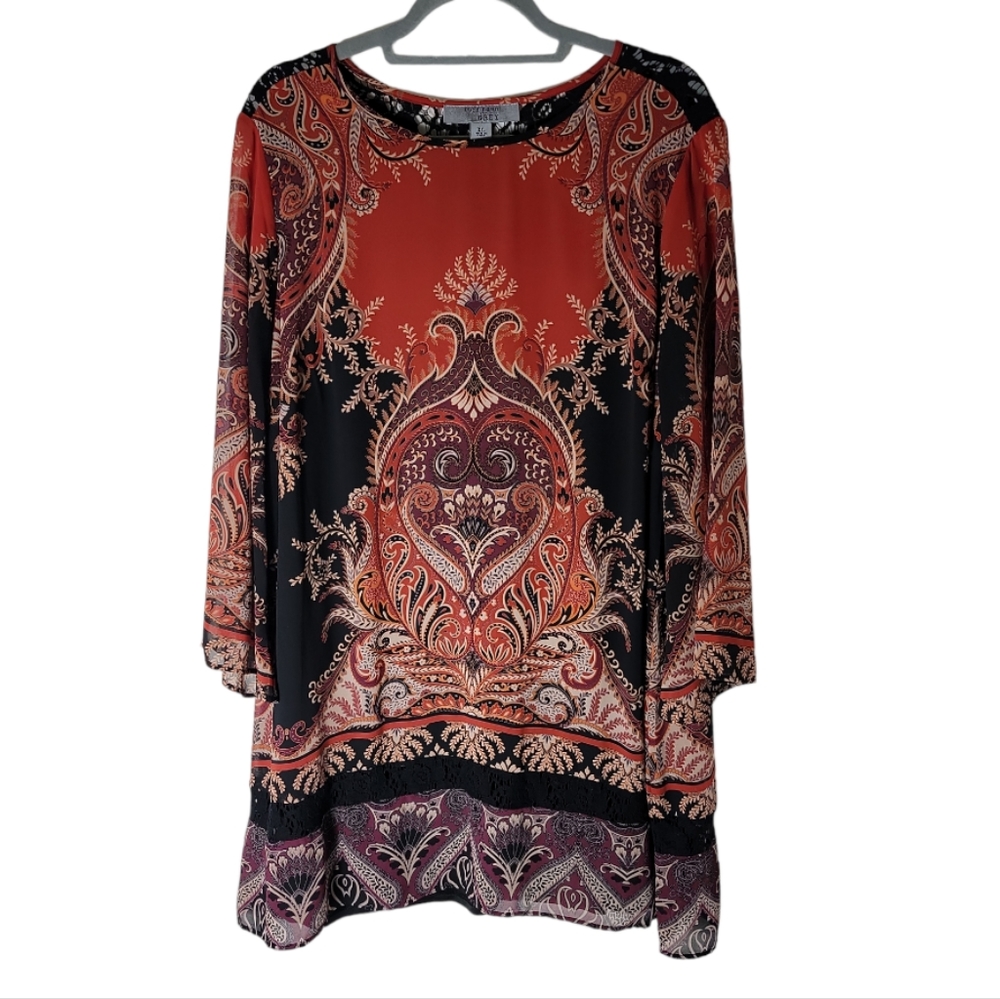 Ruff Hewn women's size large paisley printed tunic top sheer bell sleeve boho